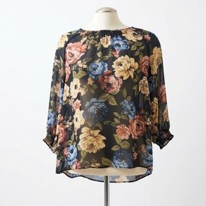 Reitmans Black Floral Blouse with Blue and Yellow Accents